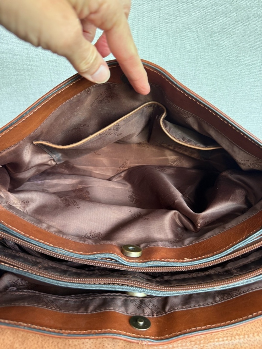 Vintage Italian Leather Satchel Bag Toscanino Brown Brass Hardware - Picture 9 of 15